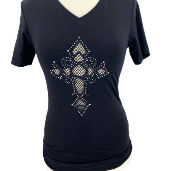 other Tops - Tee Black Small Mesh See Through Cross Short Sleeve Rhinestones Biker Sexy NWT S